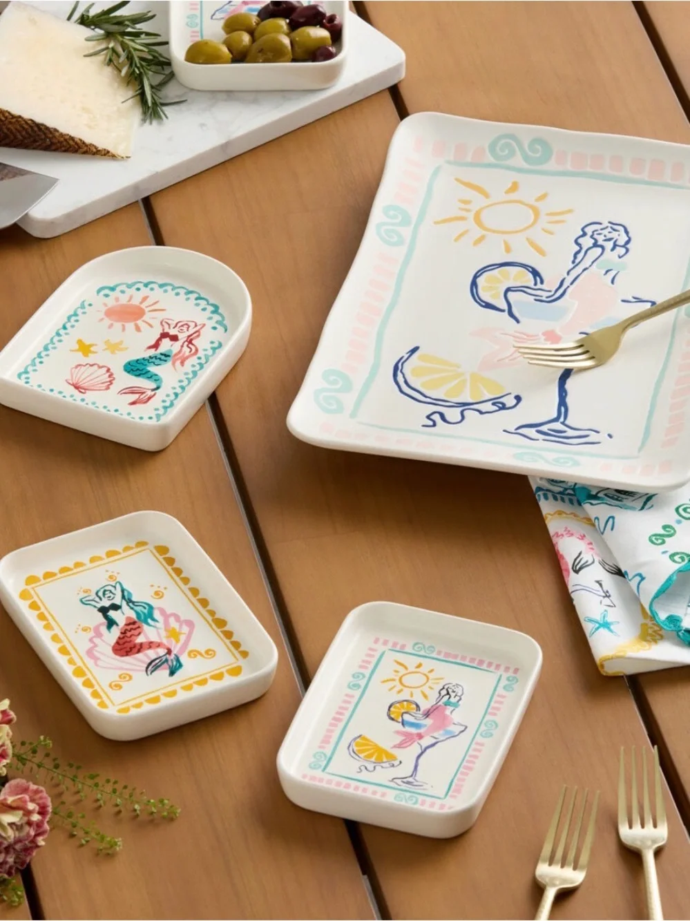 2 Watercolor Mermaid Club Small Bites Appetizer Plates - NEW